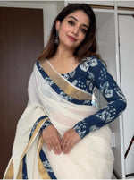 Plain Linen Saree with Digital Print & Matching Blouse