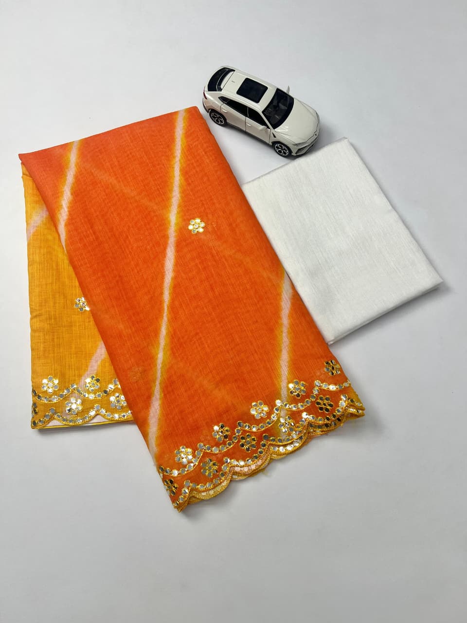 Plain Linen Saree with Mirror & Digital Print Work + Bangalory Satin Blouse