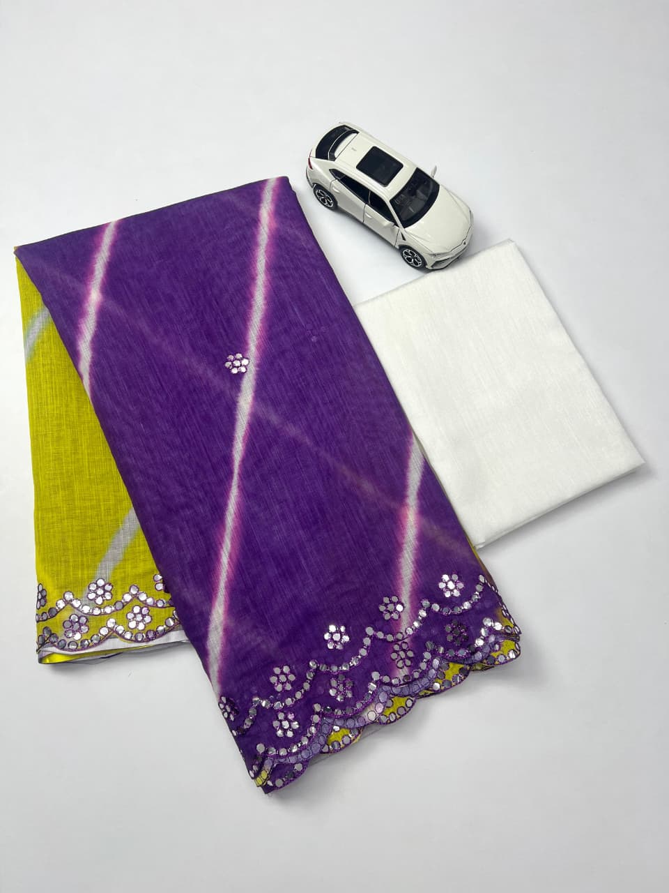 Plain Linen Saree with Mirror & Digital Print Work + Bangalory Satin Blouse