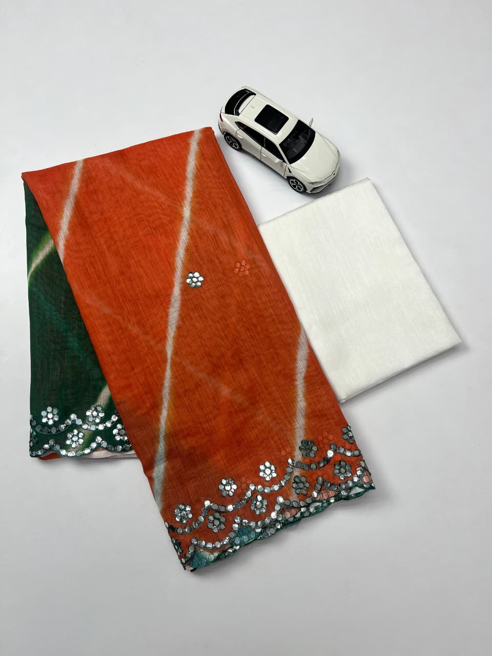 Plain Linen Saree with Mirror & Digital Print Work + Bangalory Satin Blouse