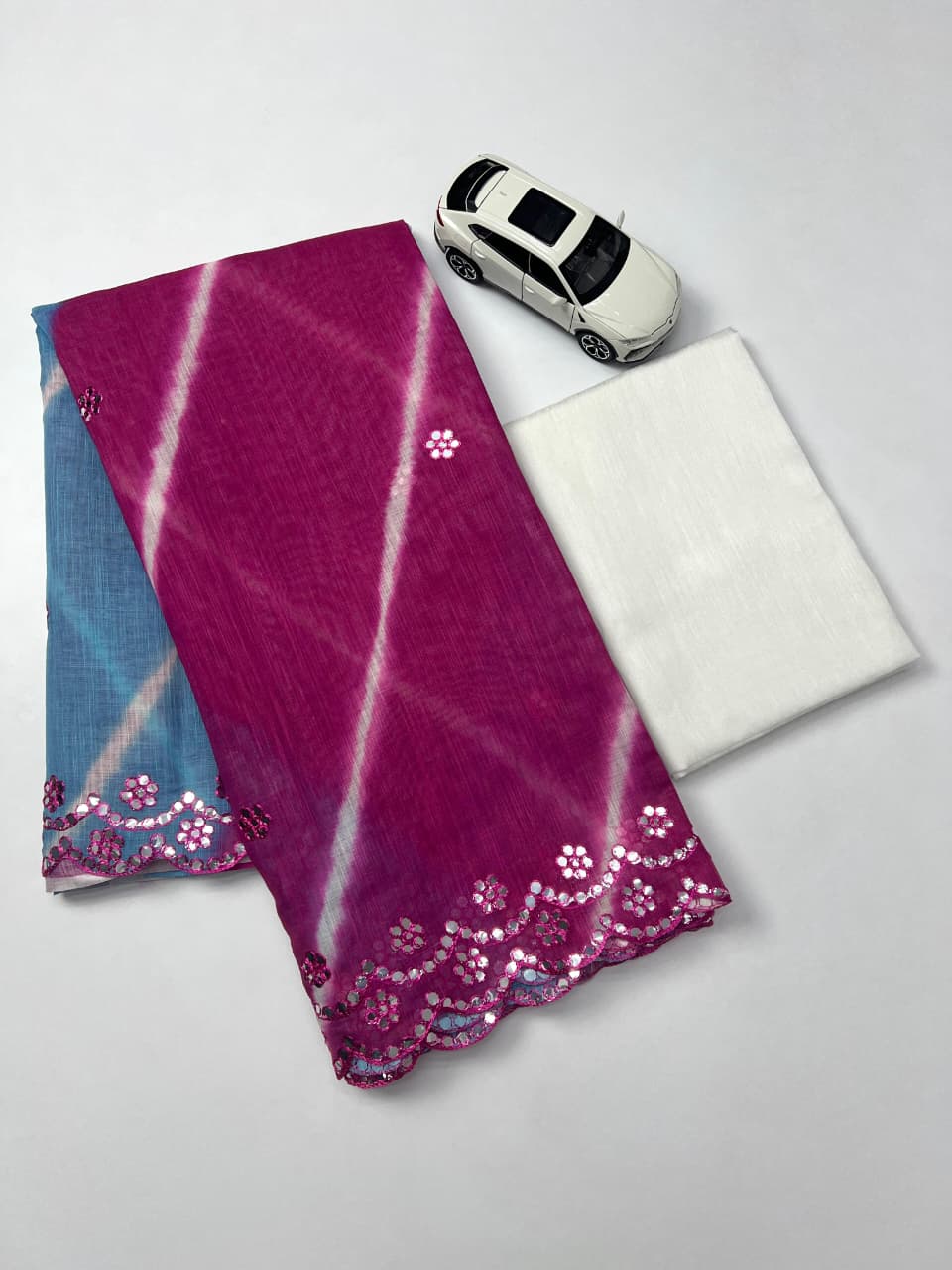 Plain Linen Saree with Mirror & Digital Print Work + Bangalory Satin Blouse