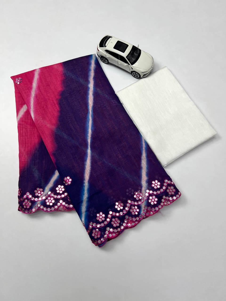 Plain Linen Saree with Mirror & Digital Print Work + Bangalory Satin Blouse