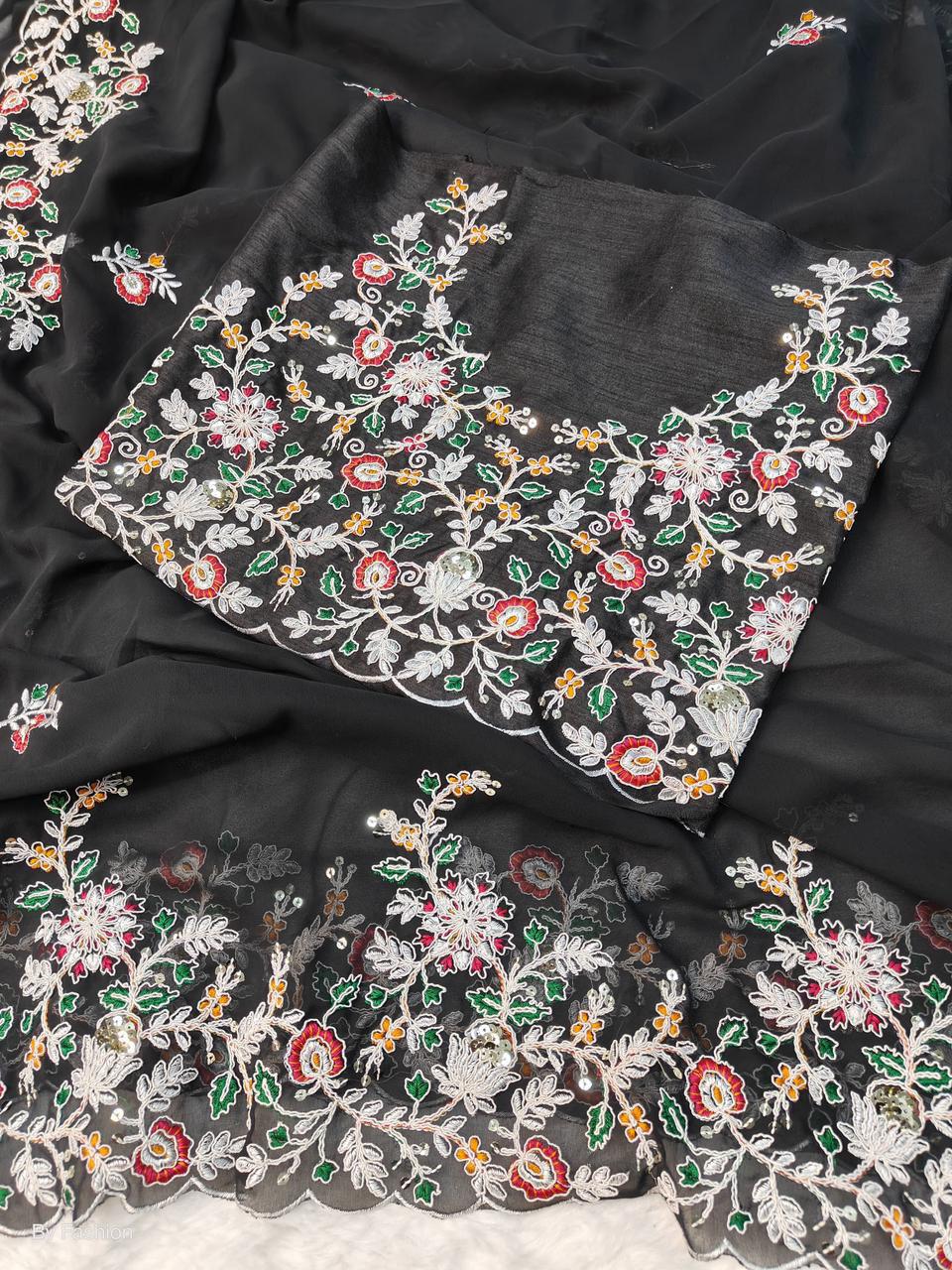 Sargam Sarees – Faux Georgette with Multicolour Thread & Sequins Work