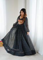 Georgette Digital Print Maxi Dress with Chain-Stitch Work