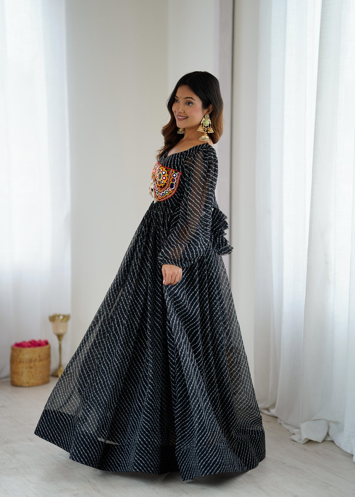 Georgette Digital Print Maxi Dress with Chain-Stitch Work