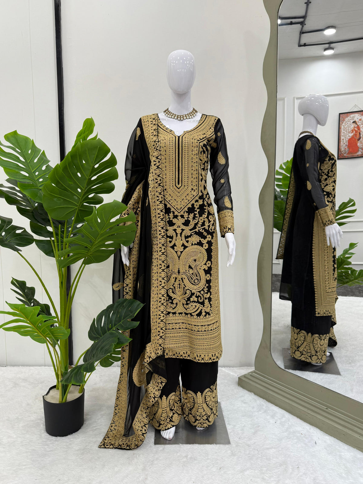 Elegant Faux Georgette 3-Piece Set with Chinestitch Work