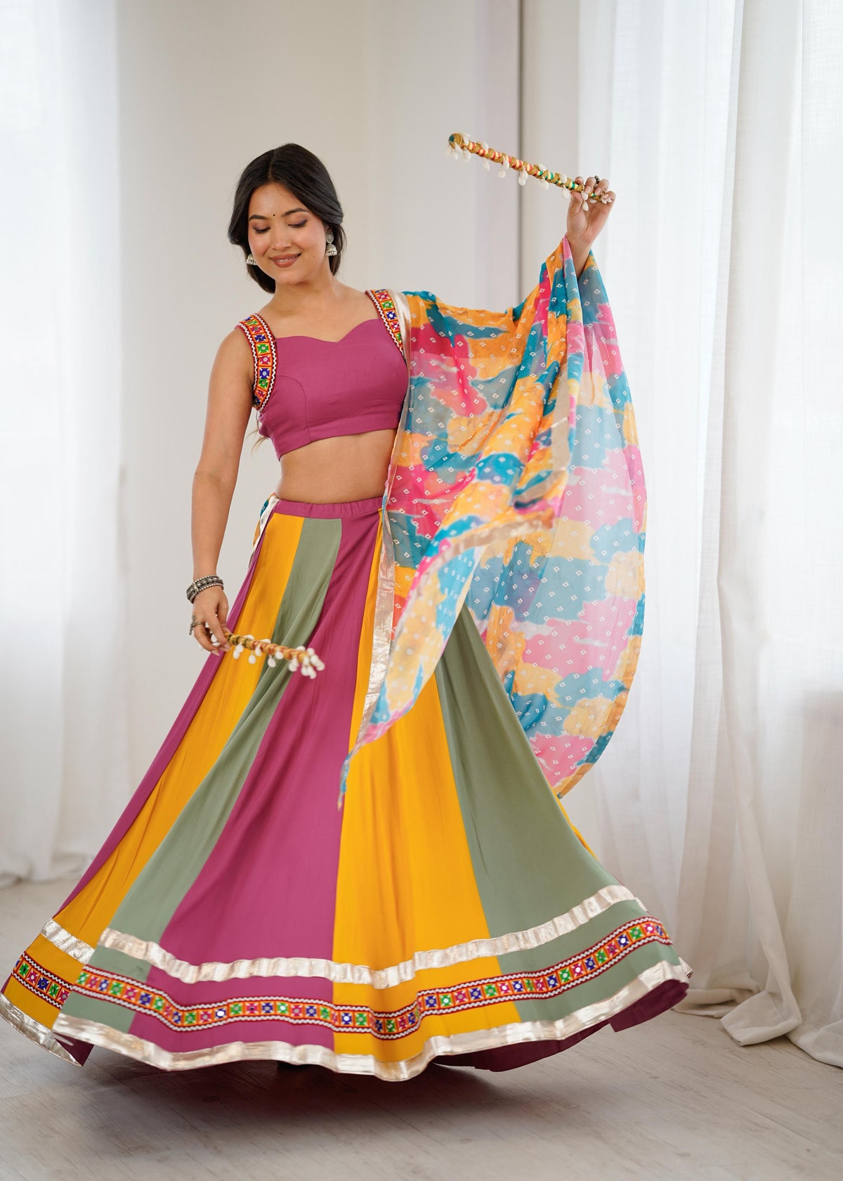 Heavy Rayon Gamthi Thread & Real Mirror Work Lehenga Choli with Digital Print Dupatta | Ready to Wear