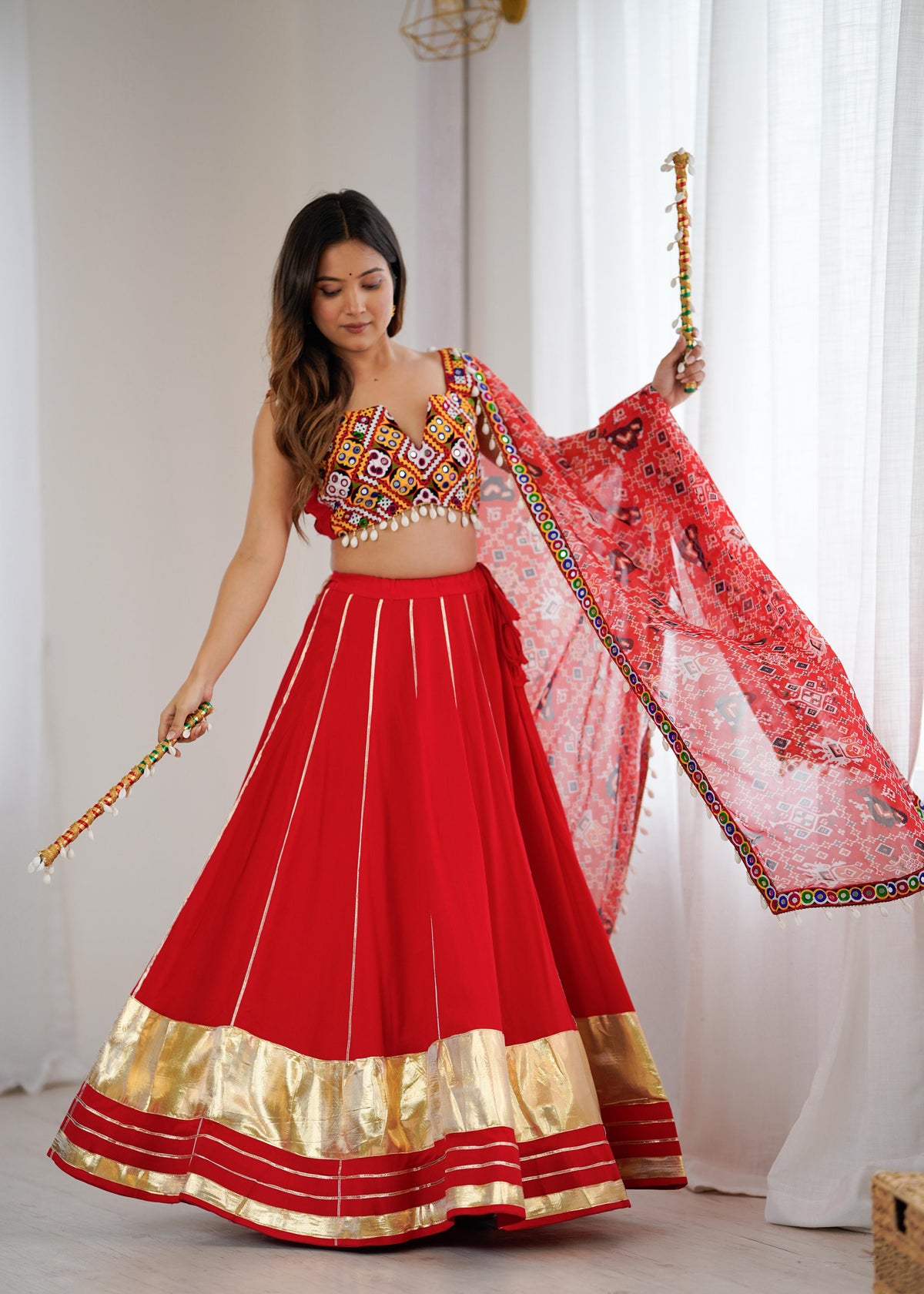 Heavy Rayon Lagdi Patta Lehenga with Gamthi & Real Mirror Work Blouse and Digital Print Dupatta | Ready to Wear