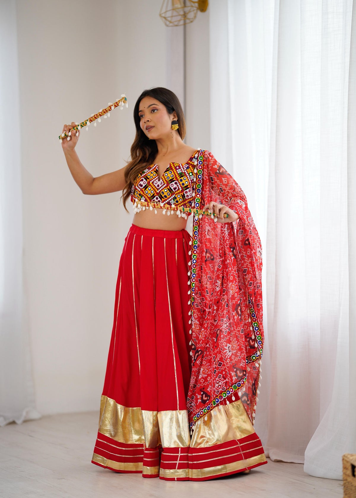 Heavy Rayon Lagdi Patta Lehenga with Gamthi & Real Mirror Work Blouse and Digital Print Dupatta | Ready to Wear