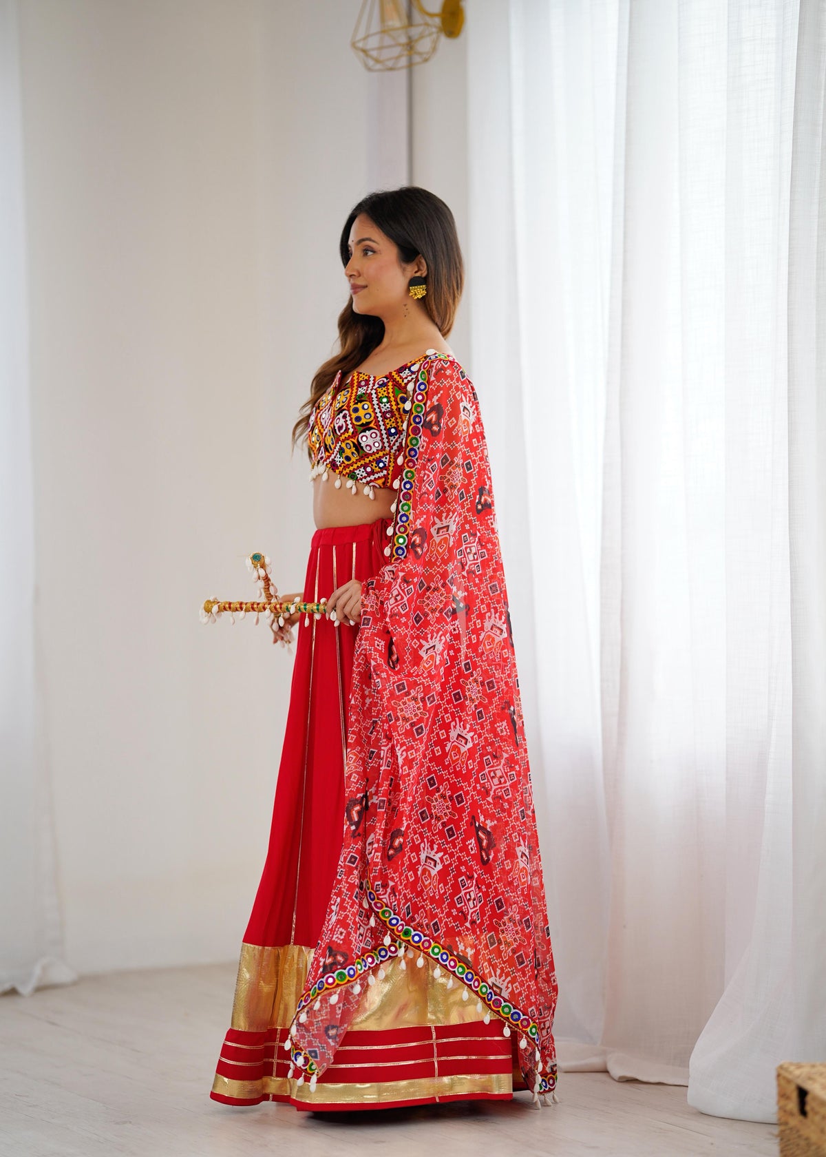 Heavy Rayon Lagdi Patta Lehenga with Gamthi & Real Mirror Work Blouse and Digital Print Dupatta | Ready to Wear