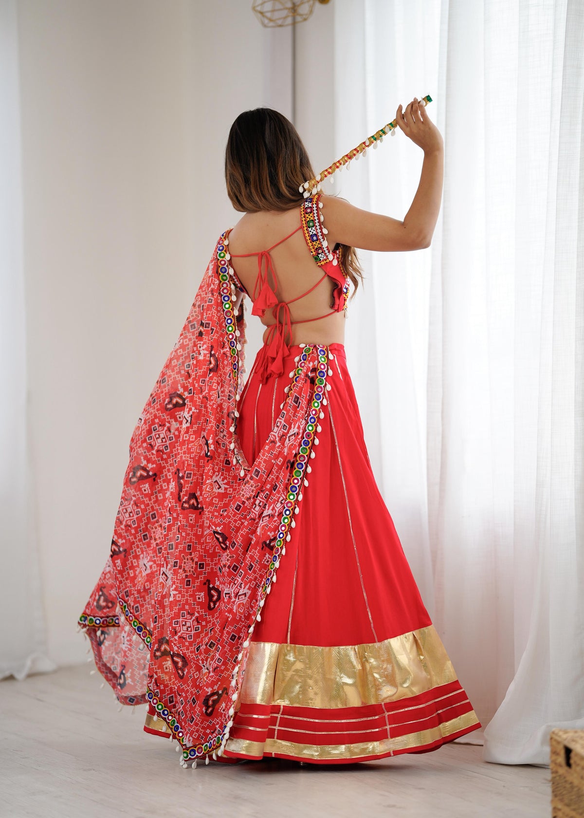 Heavy Rayon Lagdi Patta Lehenga with Gamthi & Real Mirror Work Blouse and Digital Print Dupatta | Ready to Wear