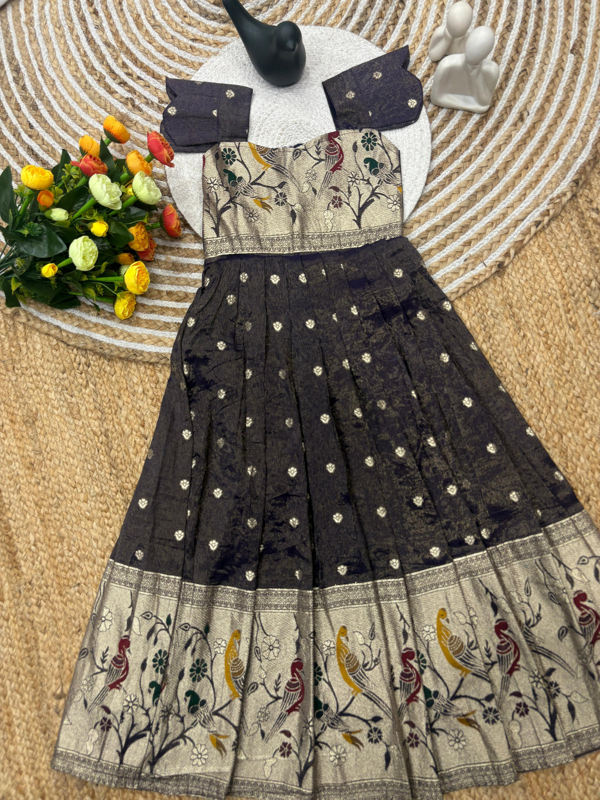 Kids Dola Silk Gown – Zari Weaving with Floral & Peacock Motifs | Festive & Wedding Wear
