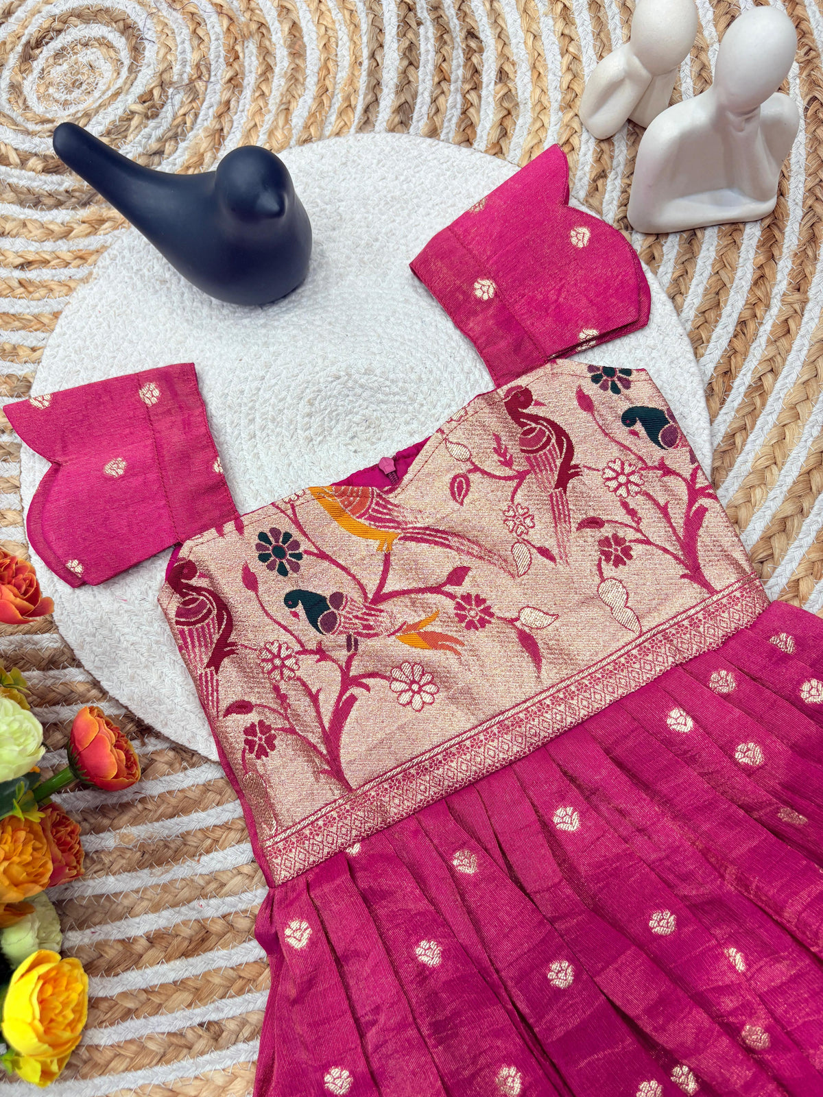 Kids Dola Silk Gown – Zari Weaving with Floral & Peacock Motifs | Festive & Wedding Wear