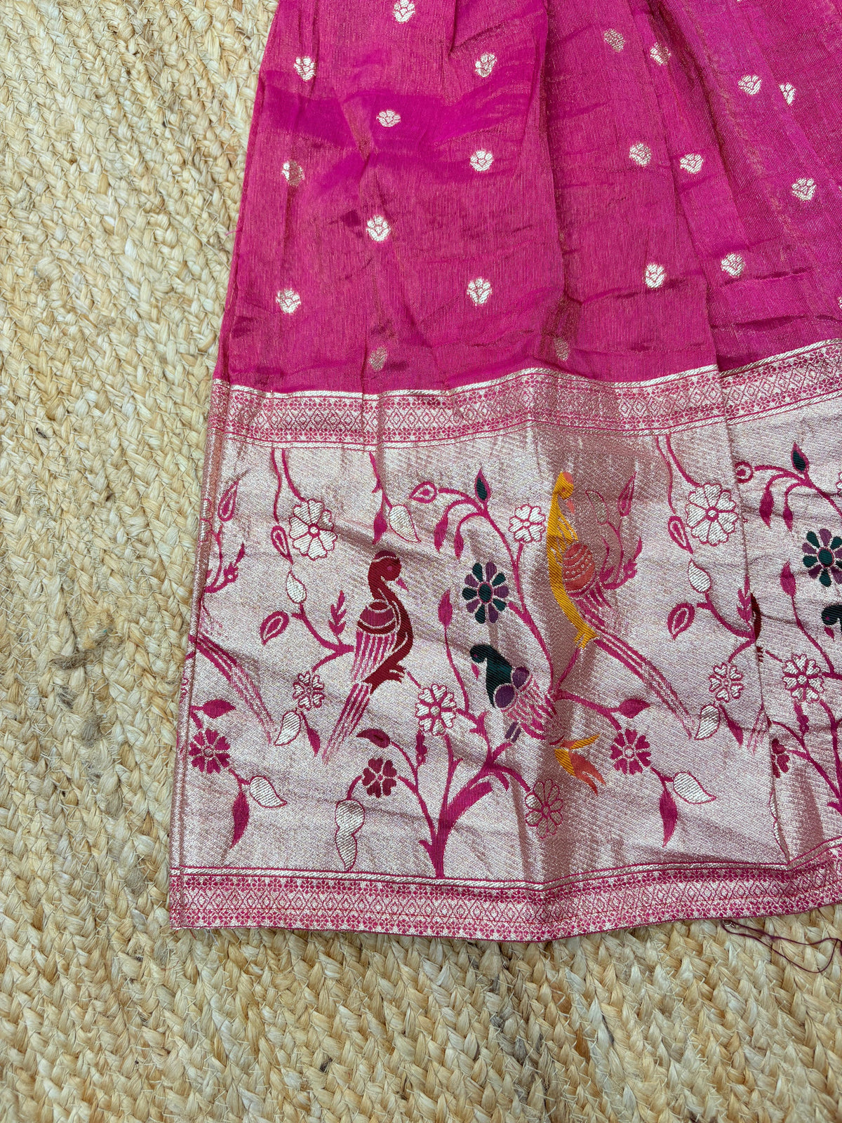 Kids Dola Silk Gown – Zari Weaving with Floral & Peacock Motifs | Festive & Wedding Wear