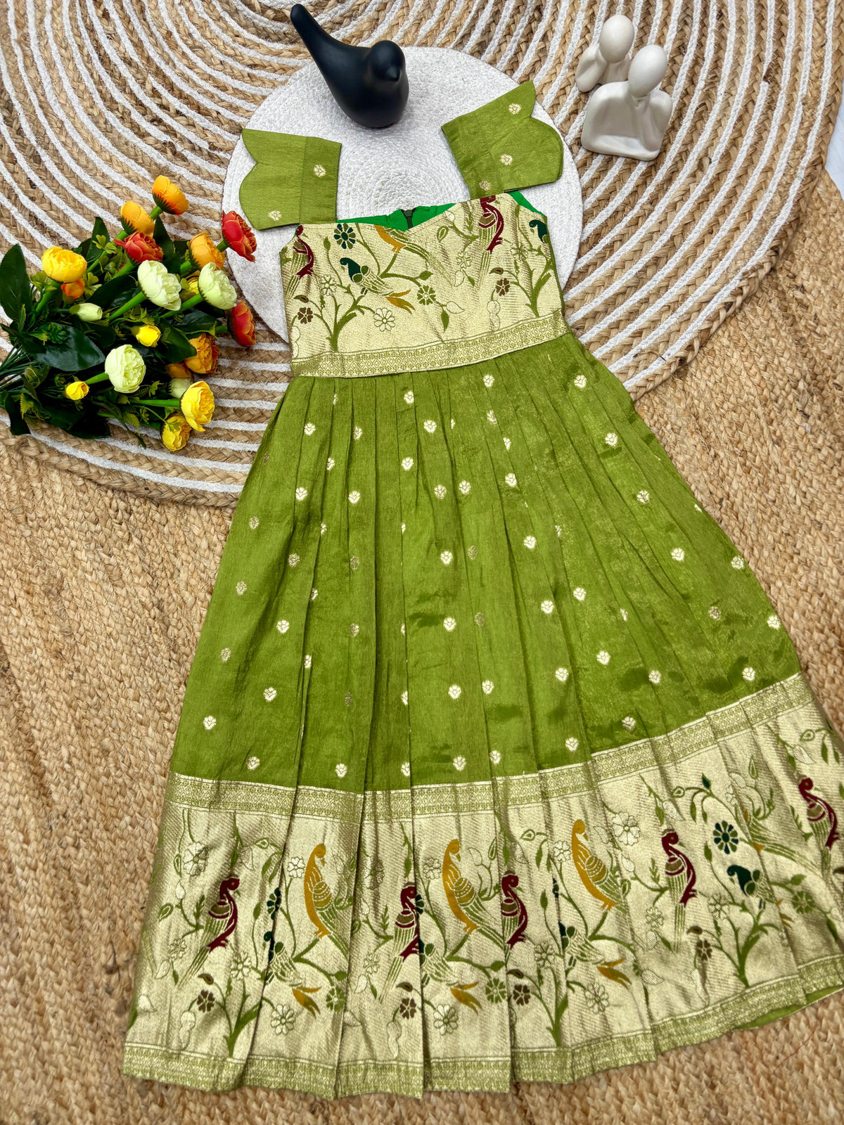Kids Dola Silk Gown – Zari Weaving with Floral & Peacock Motifs | Festive & Wedding Wear