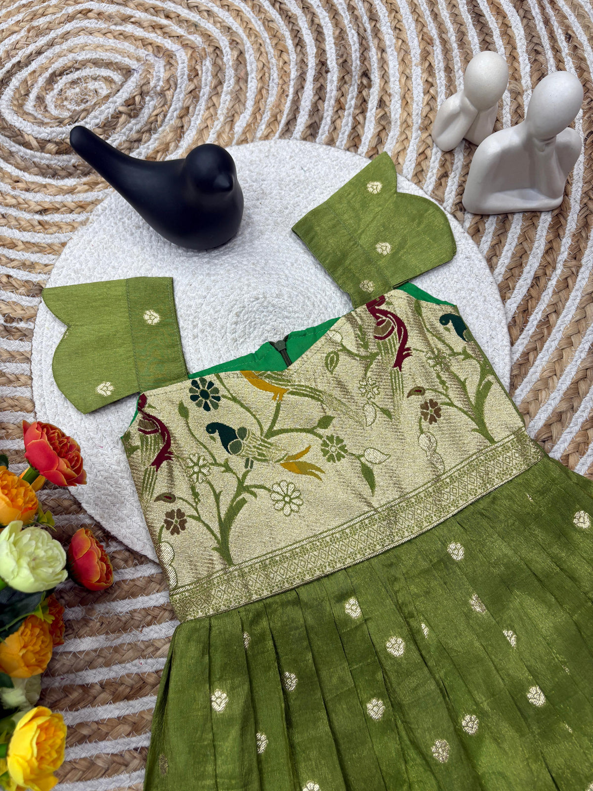 Kids Dola Silk Gown – Zari Weaving with Floral & Peacock Motifs | Festive & Wedding Wear