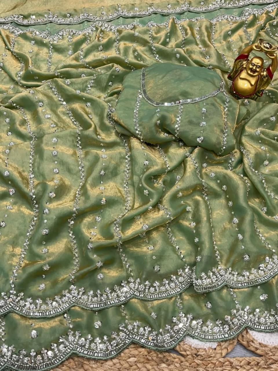 Celebrity Inspired Fendy Space Silk Saree with Beads Embroidery