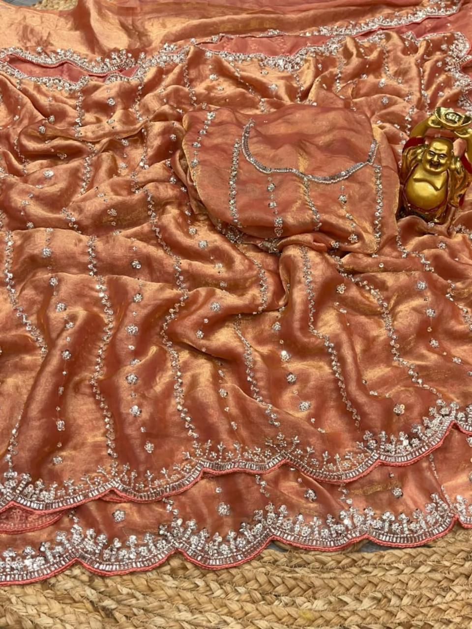 Celebrity Inspired Fendy Space Silk Saree with Beads Embroidery