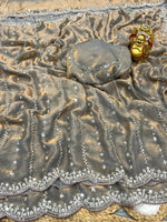 Celebrity Inspired Fendy Space Silk Saree with Beads Embroidery