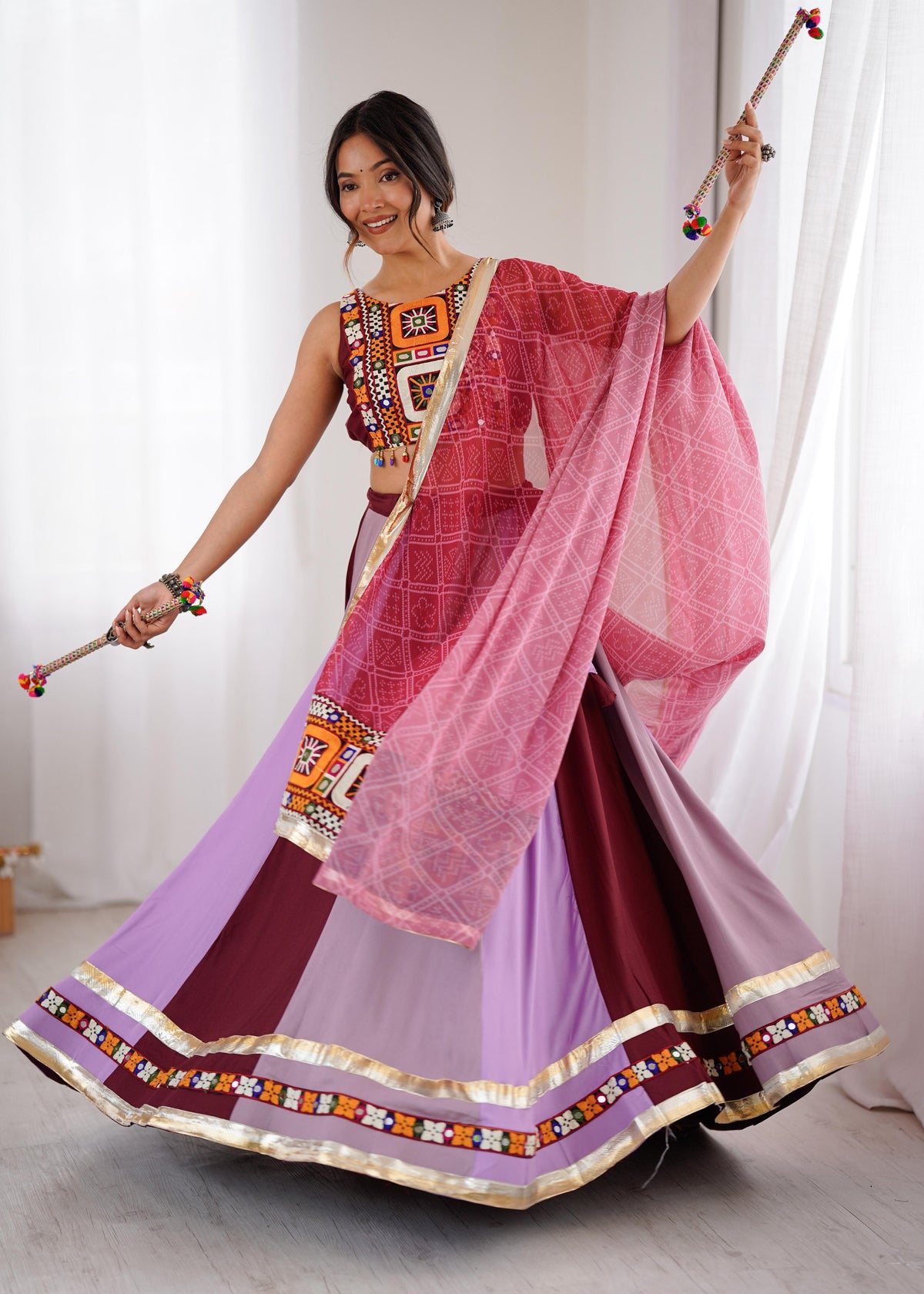 Gamthi Mirror Work Heavy Rayon Lehenga with Tassel Blouse & Digital Print Dupatta
