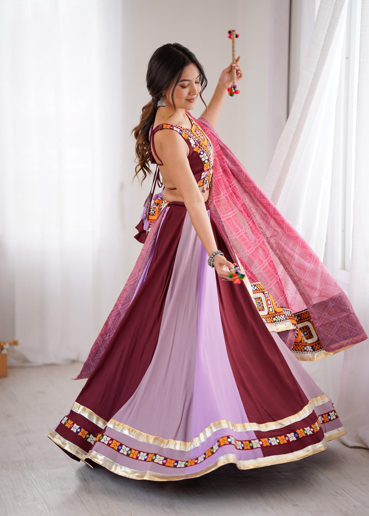 Gamthi Mirror Work Heavy Rayon Lehenga with Tassel Blouse & Digital Print Dupatta