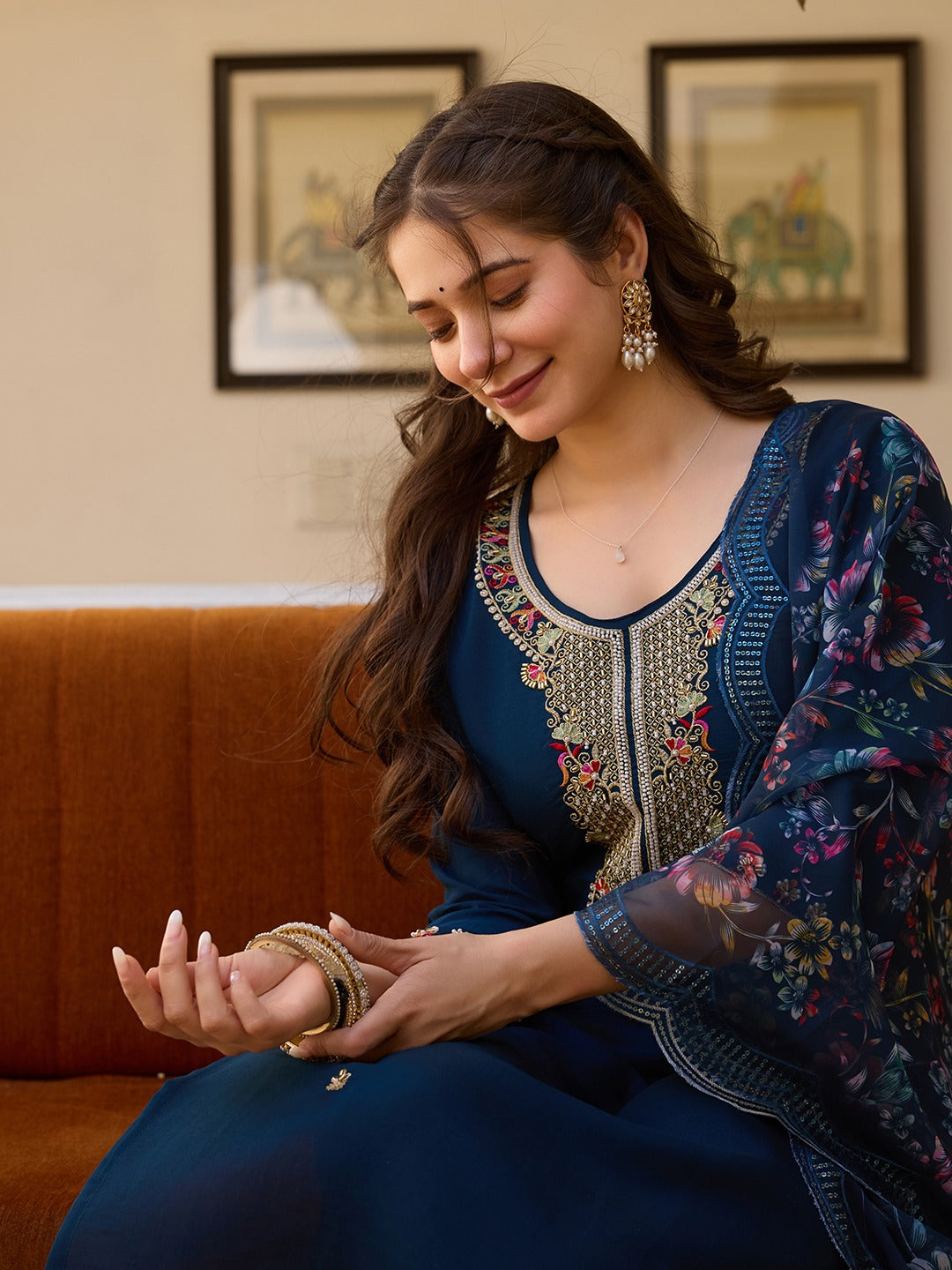 Viscose Chanderi Embroidered Beads Kurti with Solid Pant & Organza Dupatta – Premium Set