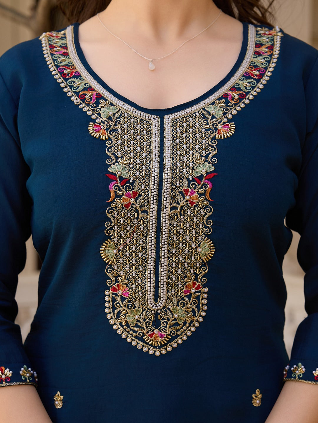 Viscose Chanderi Embroidered Beads Kurti with Solid Pant & Organza Dupatta – Premium Set