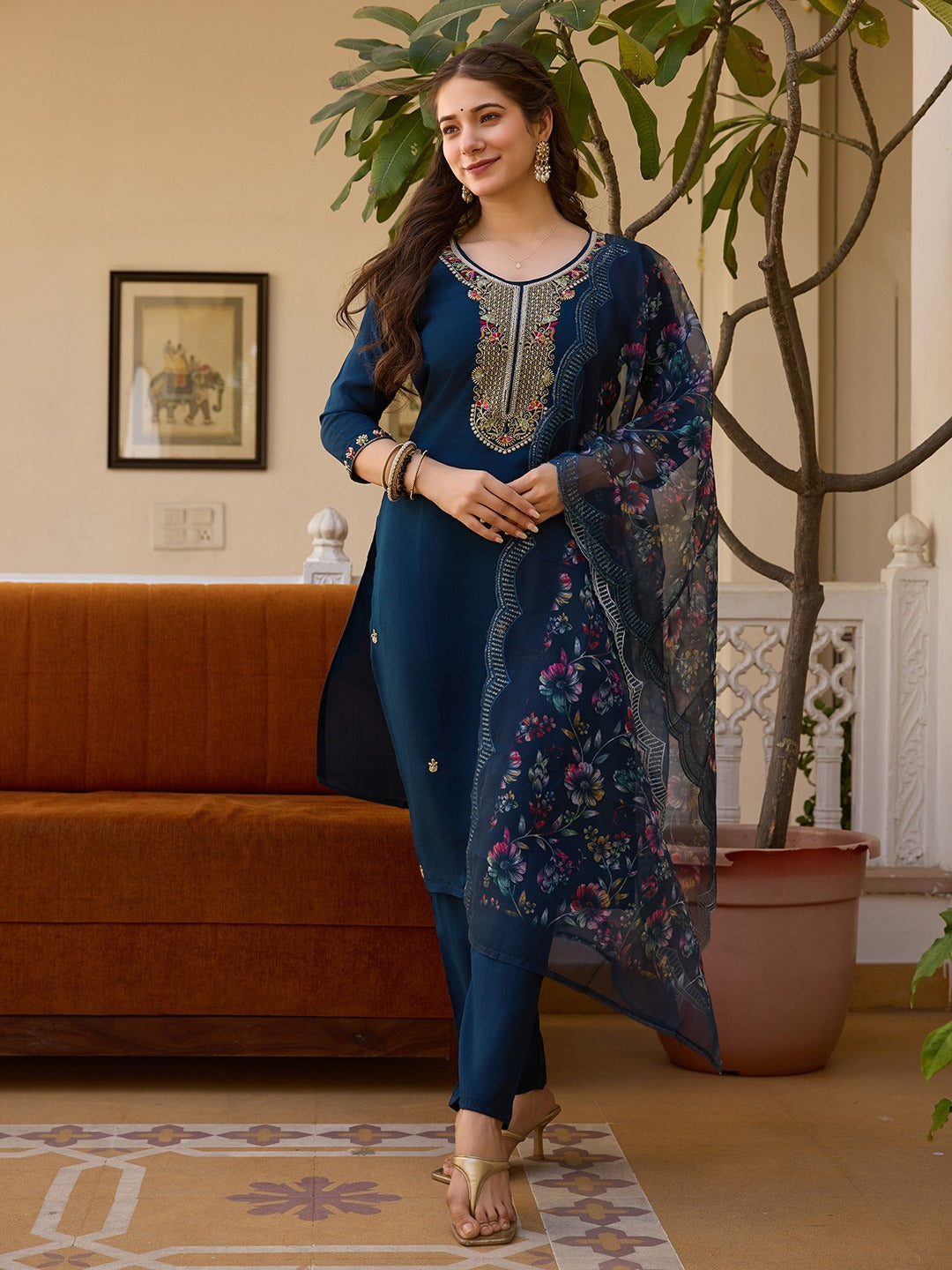 Viscose Chanderi Embroidered Beads Kurti with Solid Pant & Organza Dupatta – Premium Set