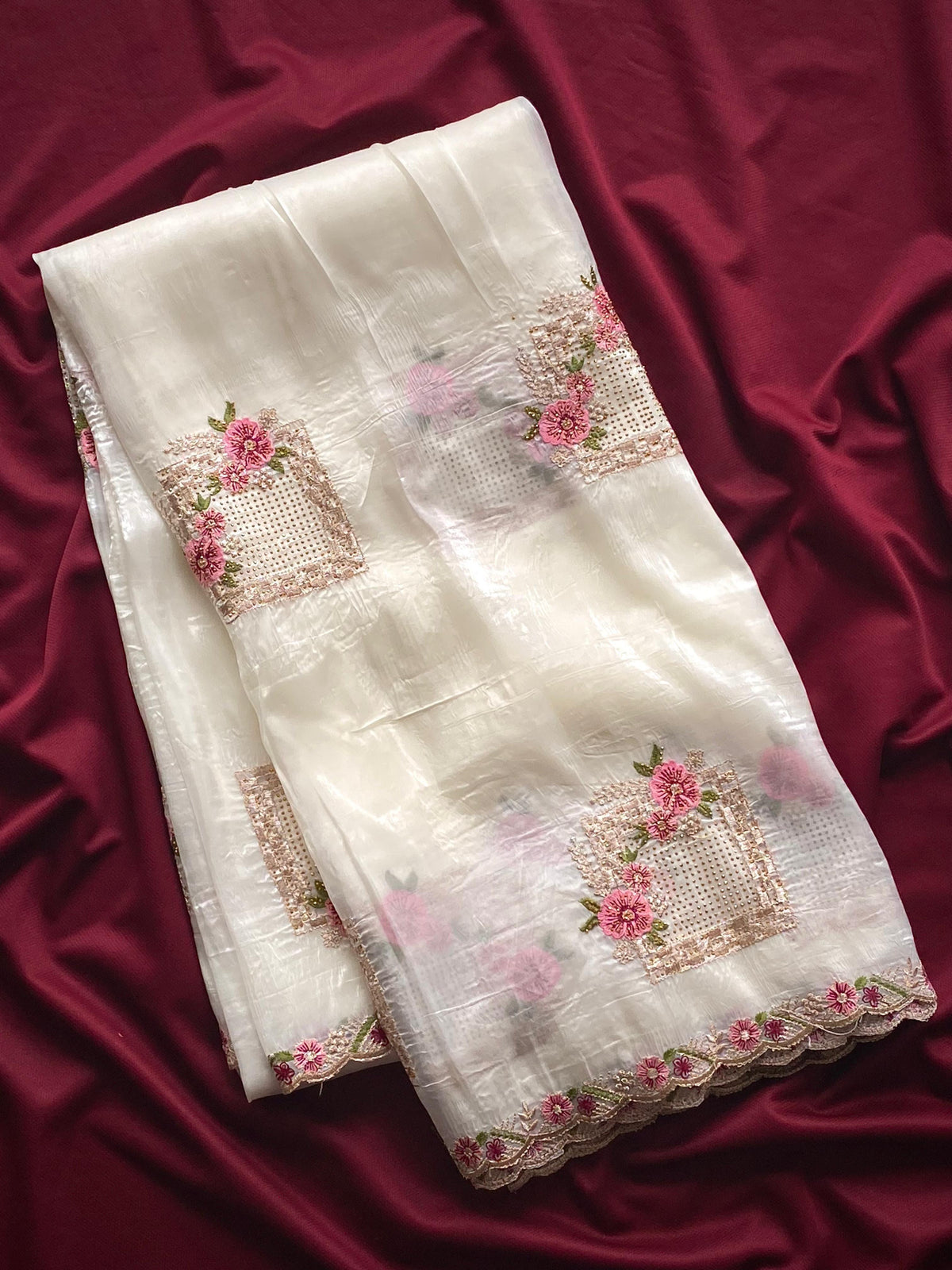 Ridhima Pure Paper Silk Crush Saree with Swarovski Floral Embroidery & Benarasi Silk Blouse