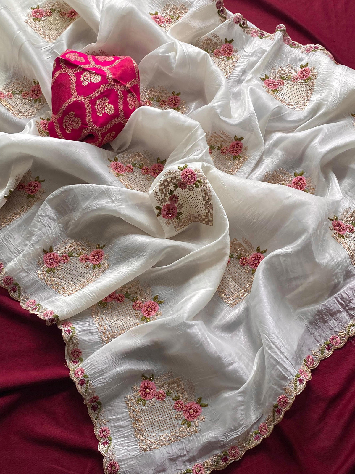 Ridhima Pure Paper Silk Crush Saree with Swarovski Floral Embroidery & Benarasi Silk Blouse