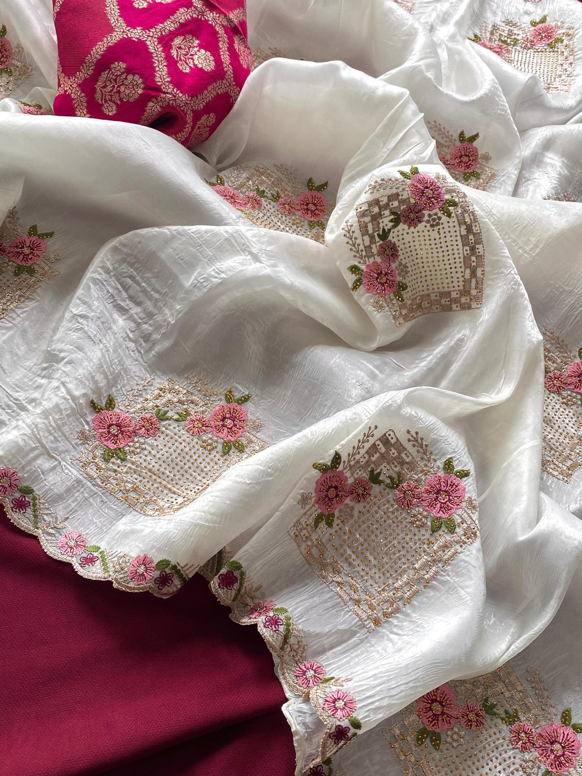 Ridhima Pure Paper Silk Crush Saree with Swarovski Floral Embroidery & Benarasi Silk Blouse