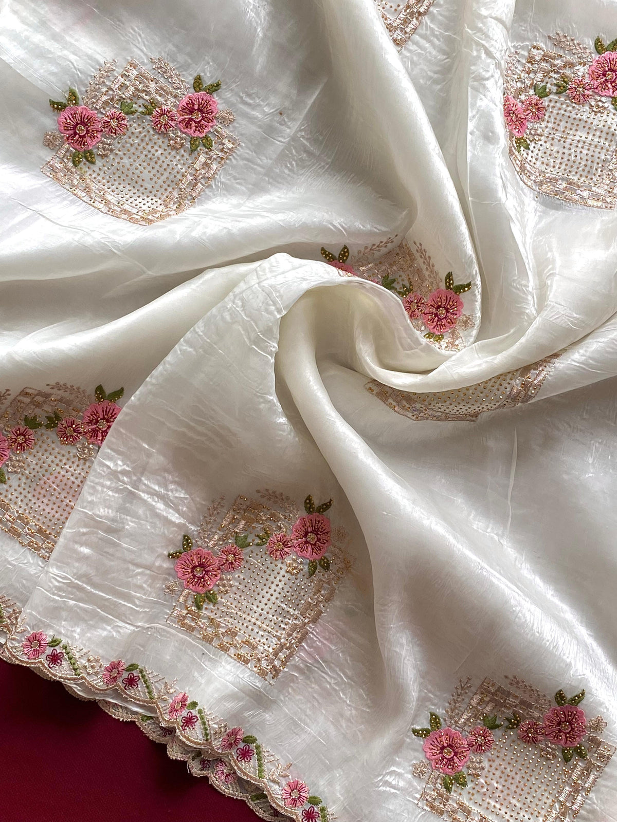 Ridhima Pure Paper Silk Crush Saree with Swarovski Floral Embroidery & Benarasi Silk Blouse