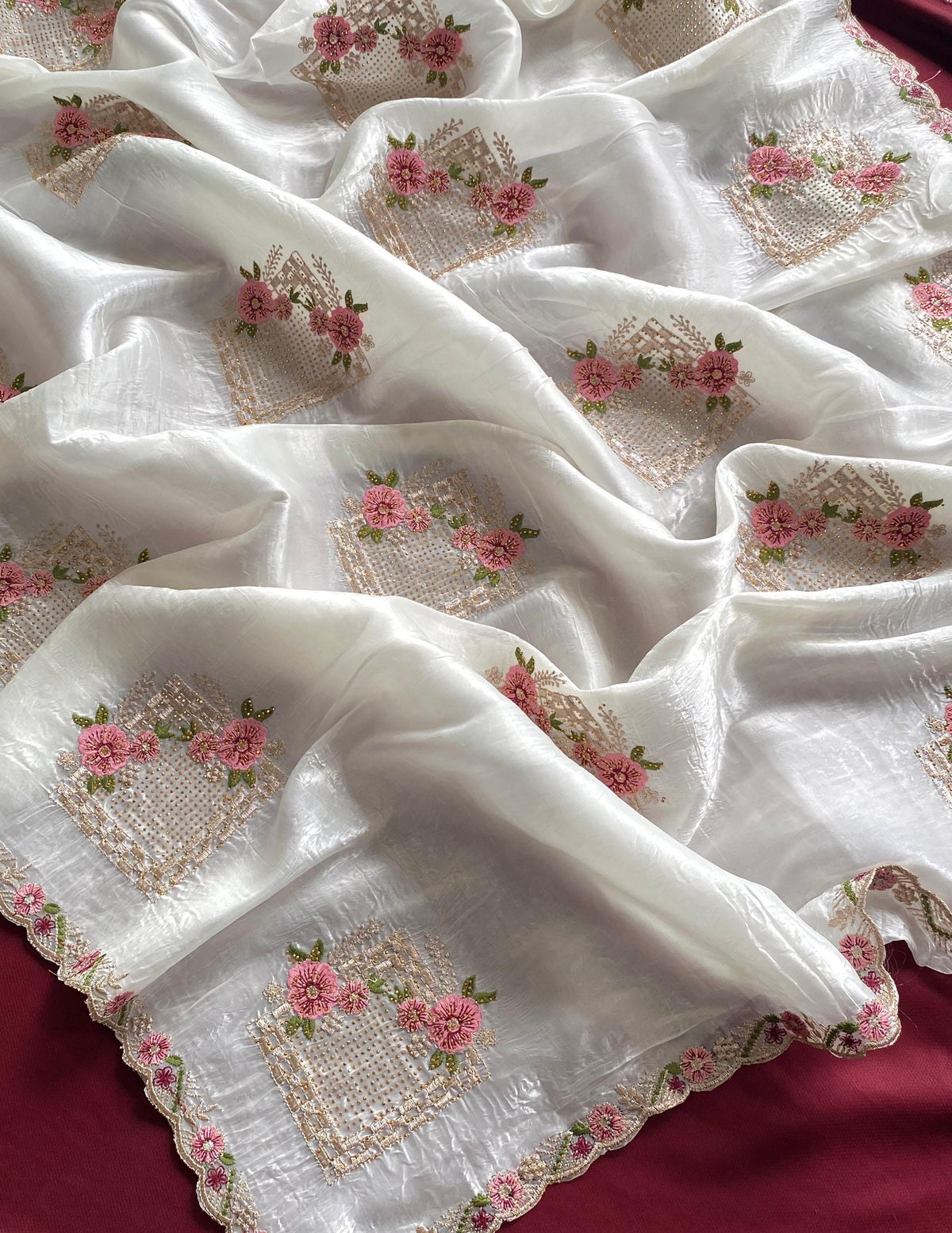 Ridhima Pure Paper Silk Crush Saree with Swarovski Floral Embroidery & Benarasi Silk Blouse
