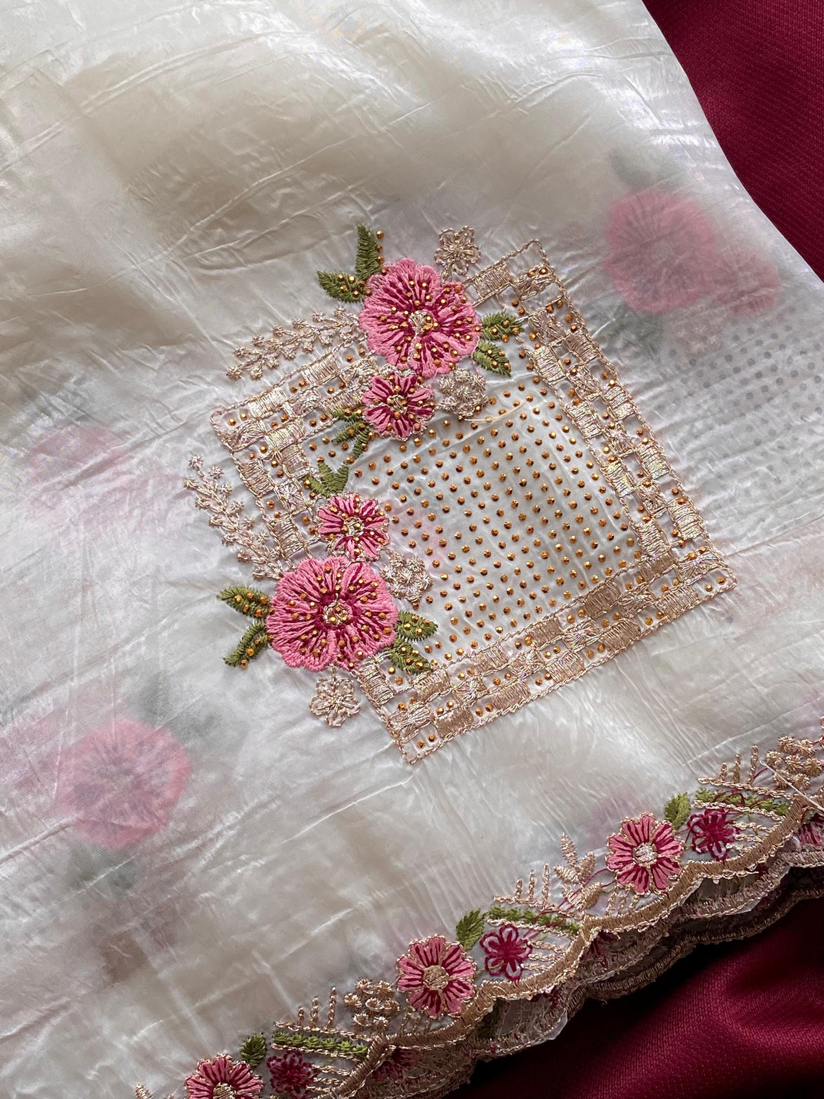 Ridhima Pure Paper Silk Crush Saree with Swarovski Floral Embroidery & Benarasi Silk Blouse