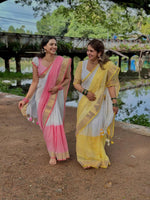 Soft Linen Saree with Golden Border & Latkan