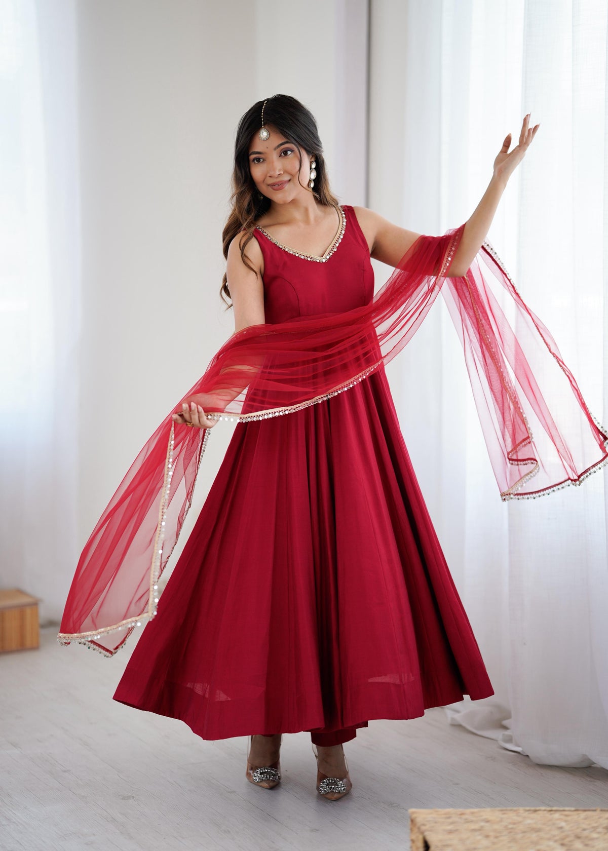 Designer Anarkali Set in Heavy Romansilk Chanderi with Net Dupatta
