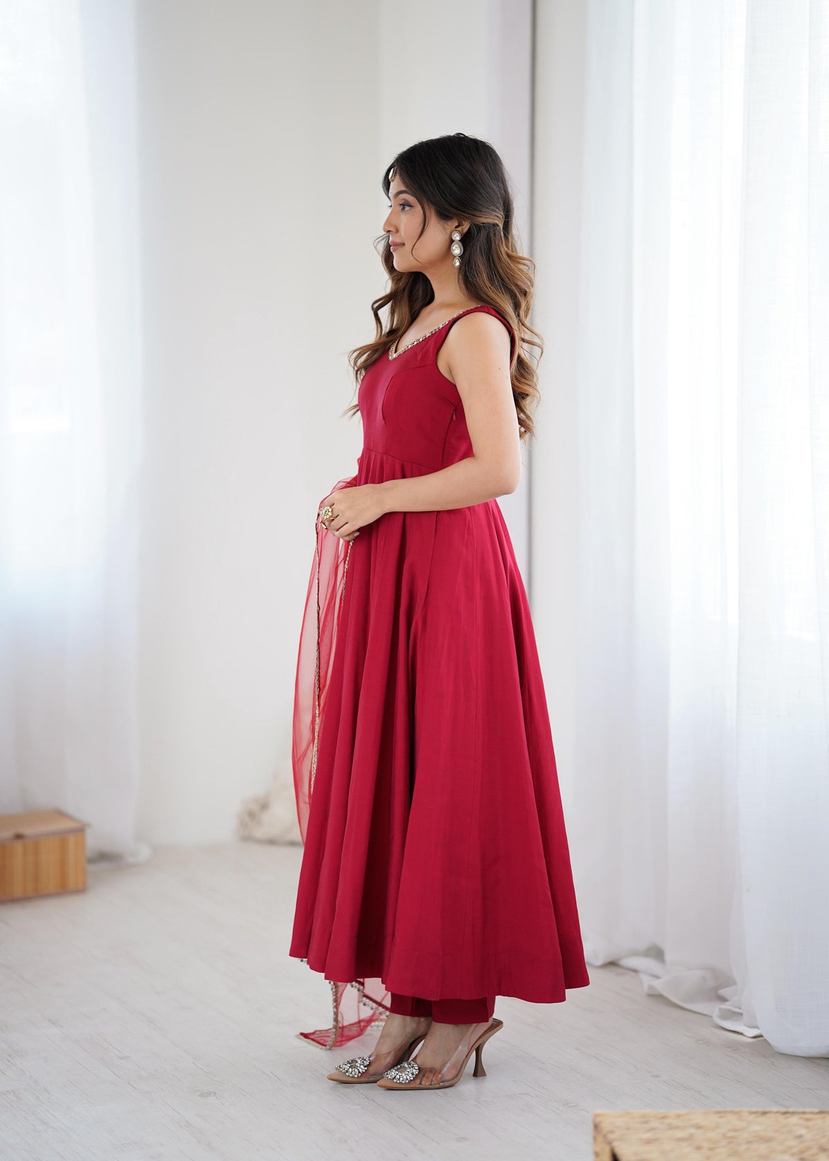 Designer Anarkali Set in Heavy Romansilk Chanderi with Net Dupatta