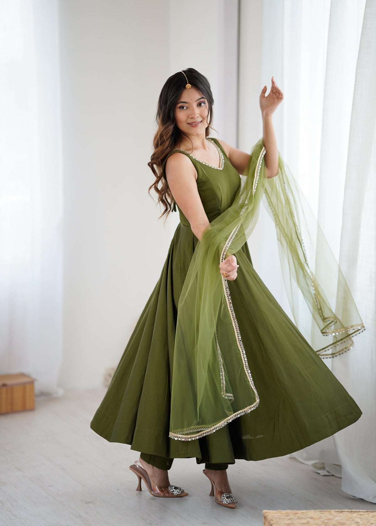 Designer Anarkali Set in Heavy Romansilk Chanderi with Net Dupatta
