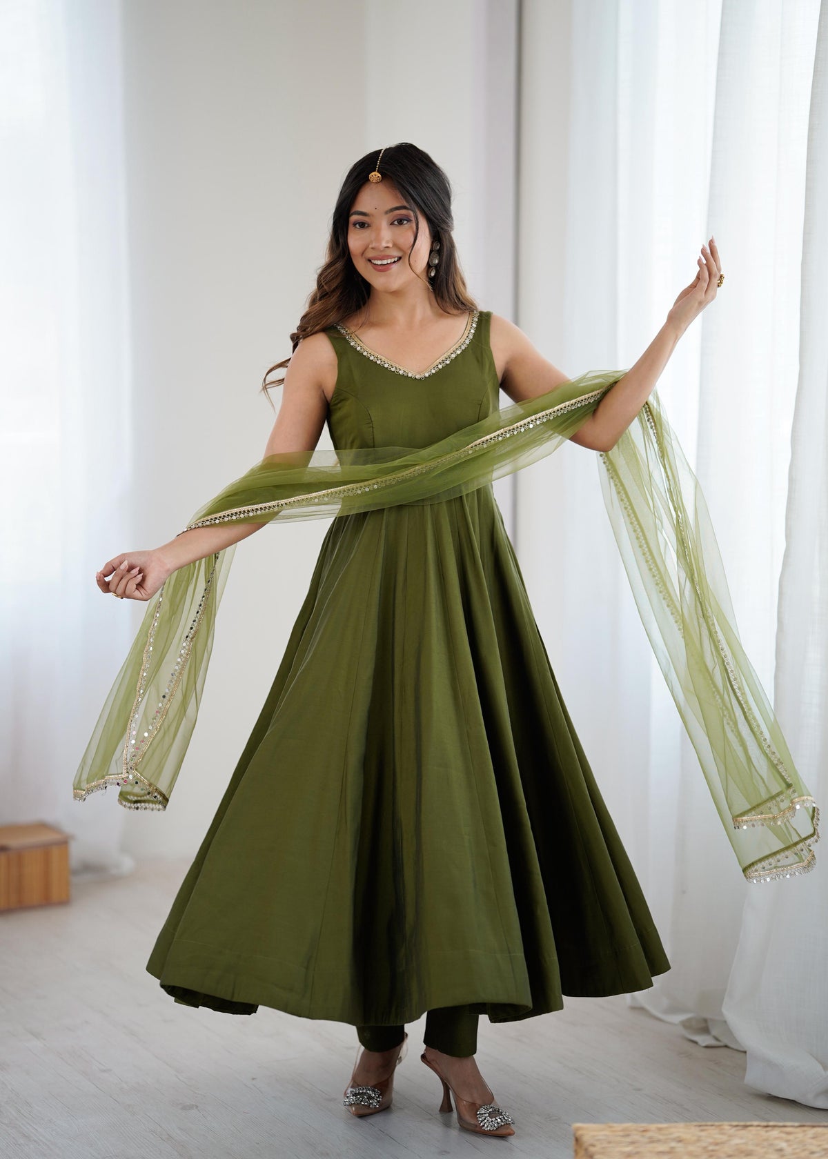 Designer Anarkali Set in Heavy Romansilk Chanderi with Net Dupatta