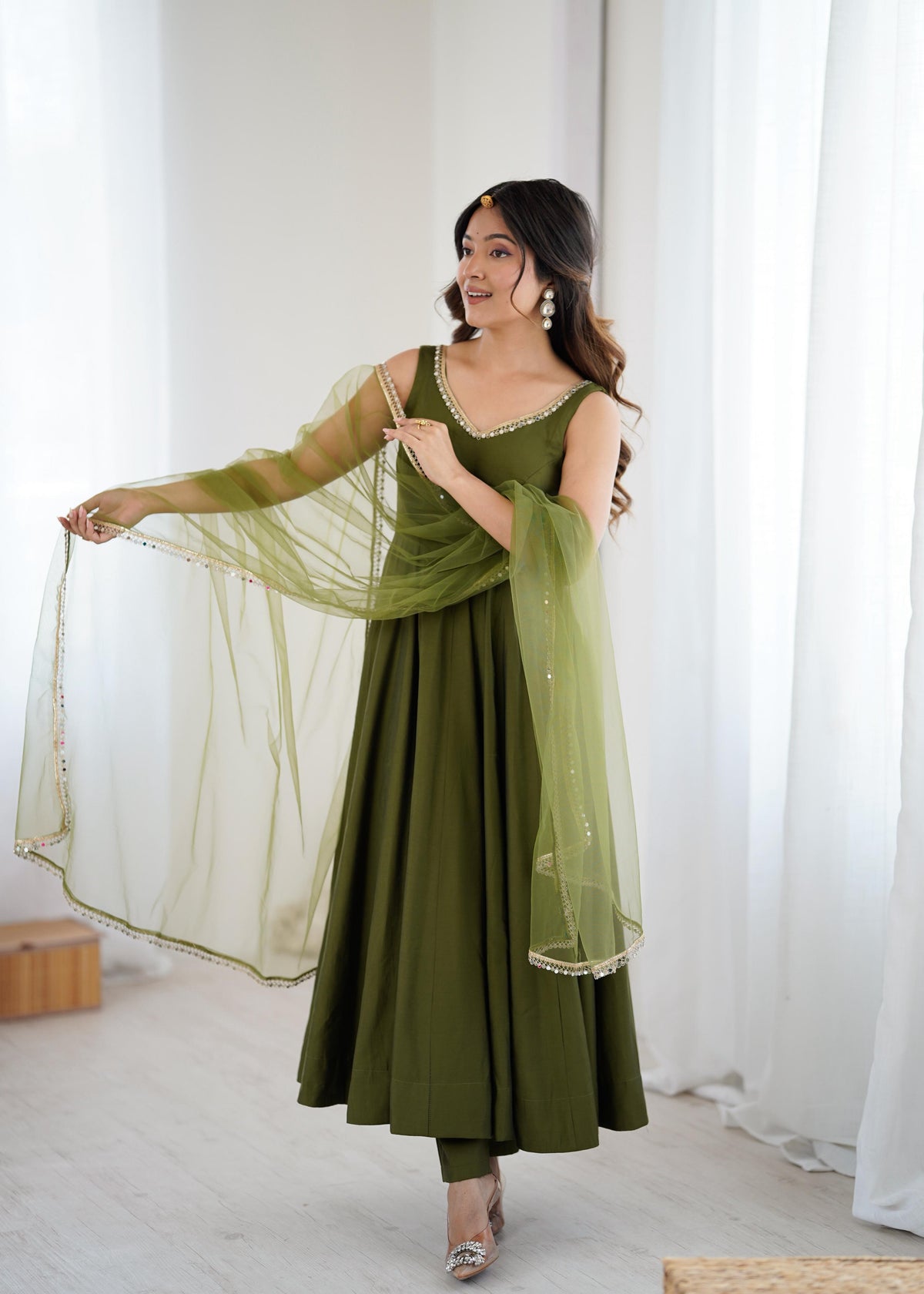 Designer Anarkali Set in Heavy Romansilk Chanderi with Net Dupatta
