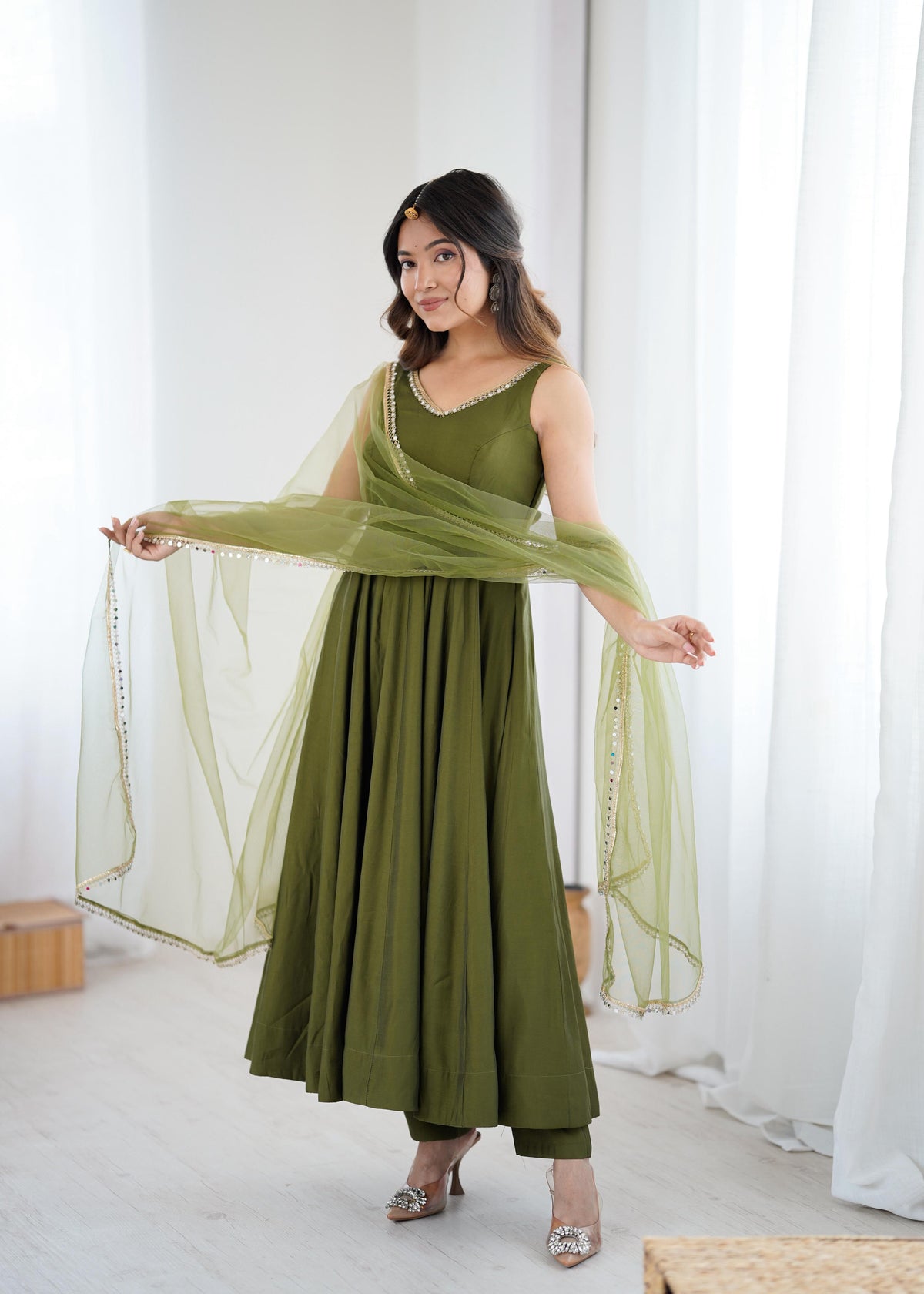 Designer Anarkali Set in Heavy Romansilk Chanderi with Net Dupatta