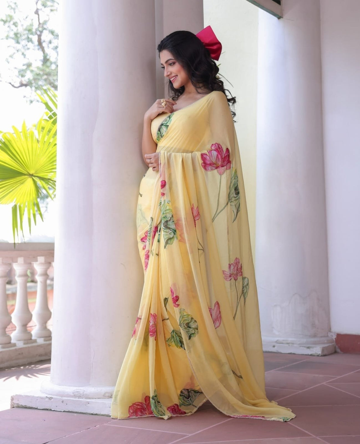 Soft Georgette Saree with Floral Prints & Double Cutdana Moti Border image 5