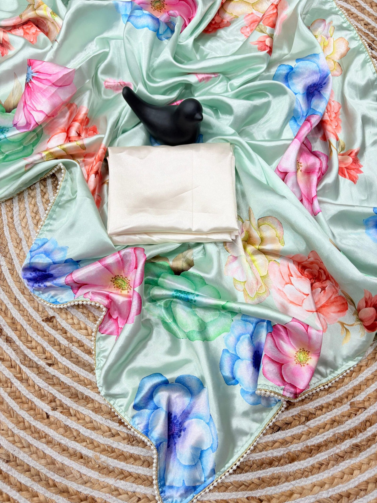 Japan Satin Silk Digital Print Saree with Moti Lace image 1