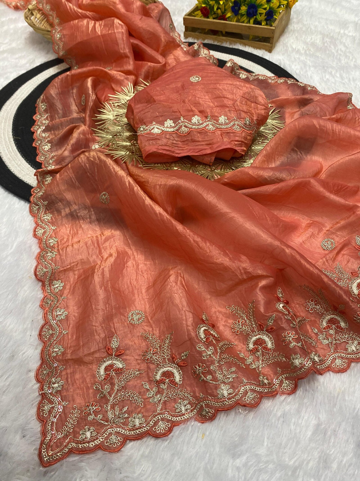 Gold Crush Designer Saree with Silver Embroidery & Sequin Work | Embroidered Blouse | Premium Ethnic Wear image 4