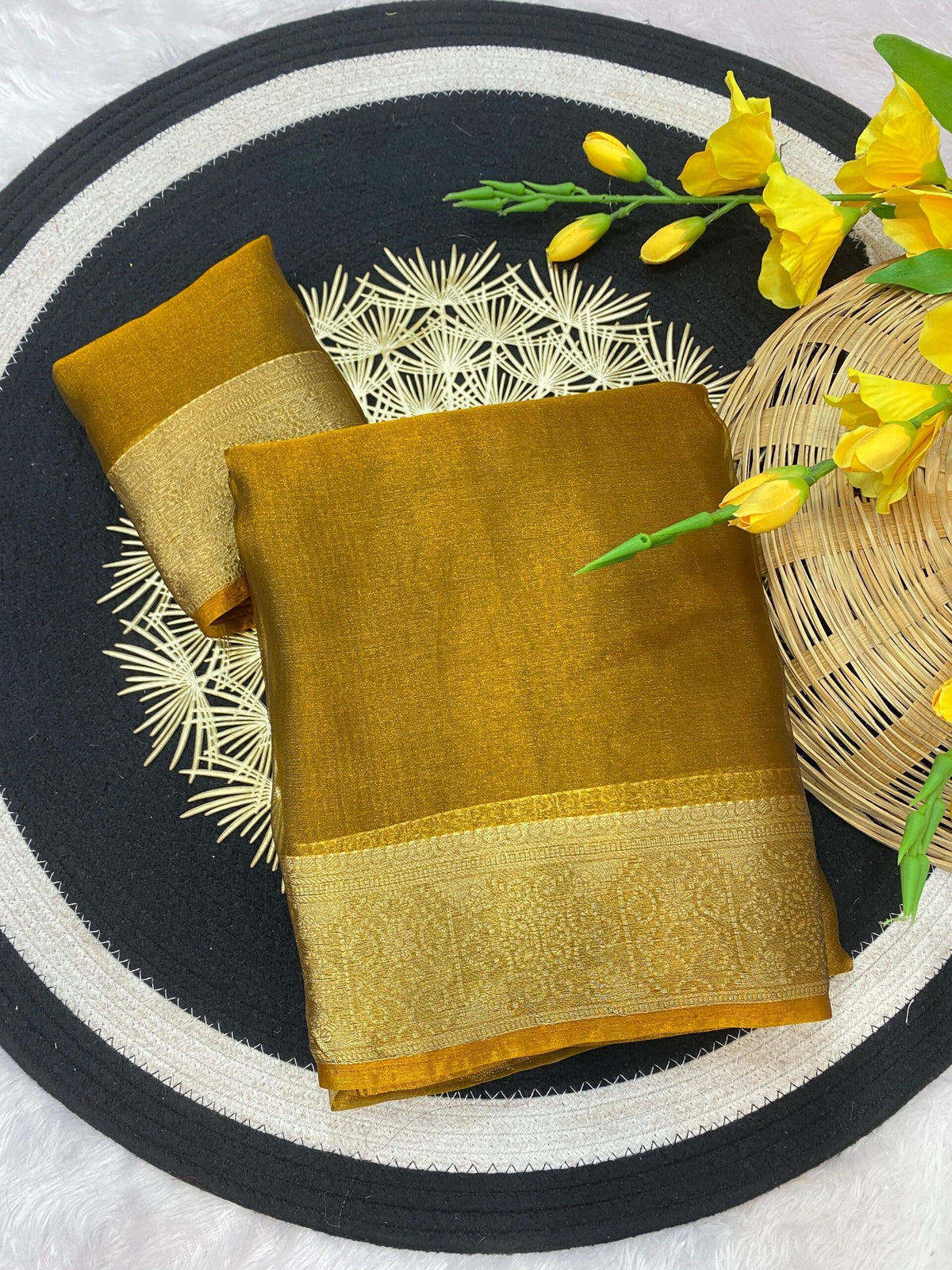 Pure Jacquard Weaving Khadi Silk Tissue Organza Saree with Elegant Border - Mustard Yellow image