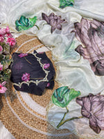 Maskat Pure Soft Tebby Silk Saree with Digital Floral Print & Hand Cutdana-Moti Work image 6