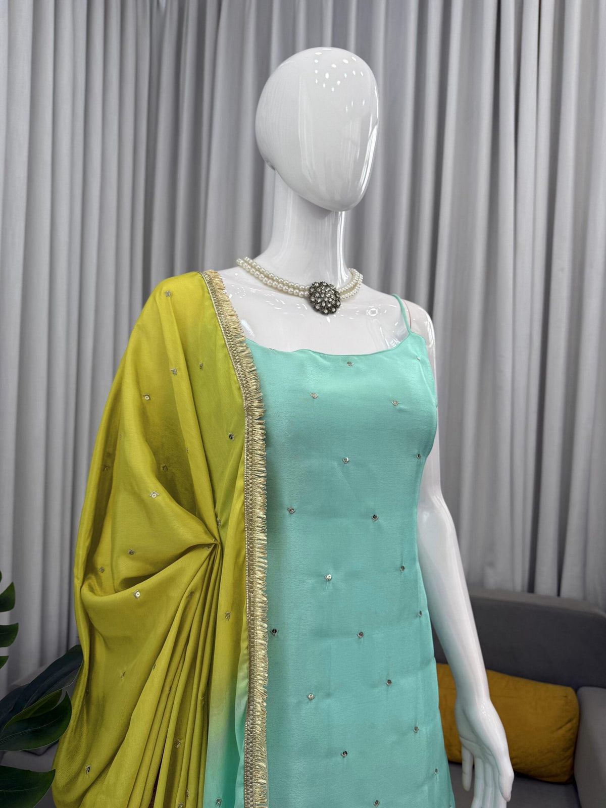 Premium Chinon Silk 3-Piece Set with Sequin & Thread Work image 7