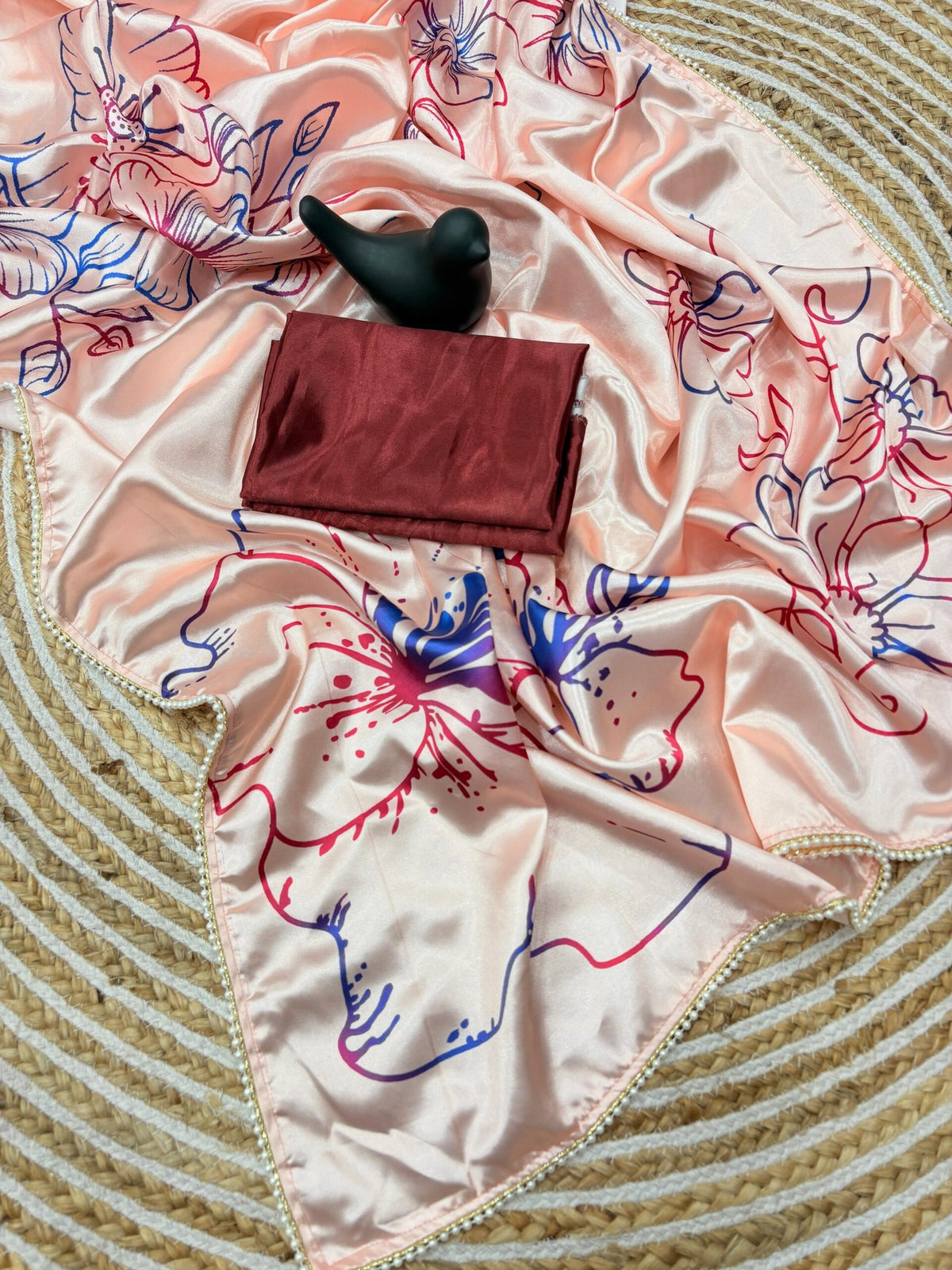 Japan Satin Silk Digital Print Saree with Moti Lace image 8