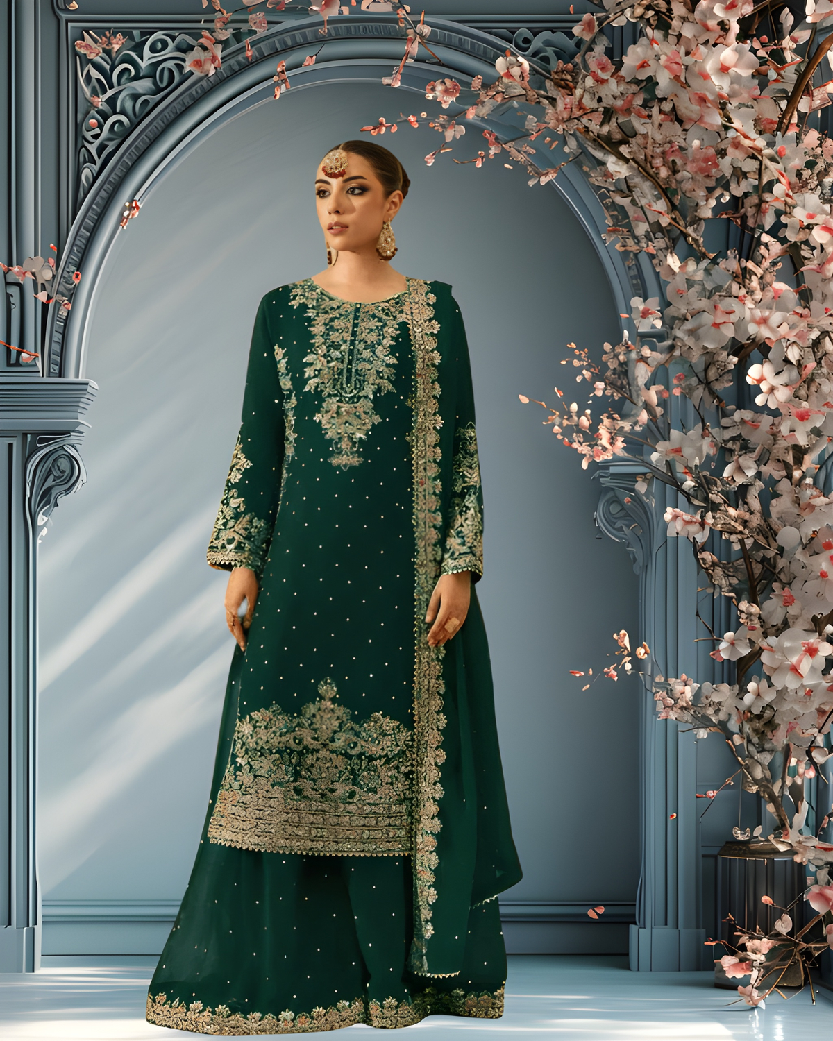 Elegant Foux Georgette Top-Plazo-Dupatta Set with Coding, Sequence & Rivet Moti Work image 0