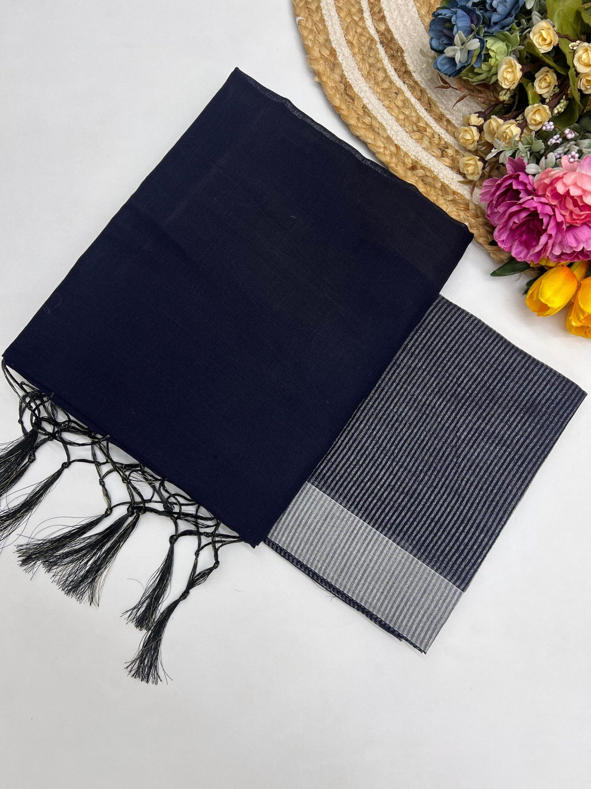 Pure Cotton Linen Saree with Silver Jari Weaving - Dark Blue image